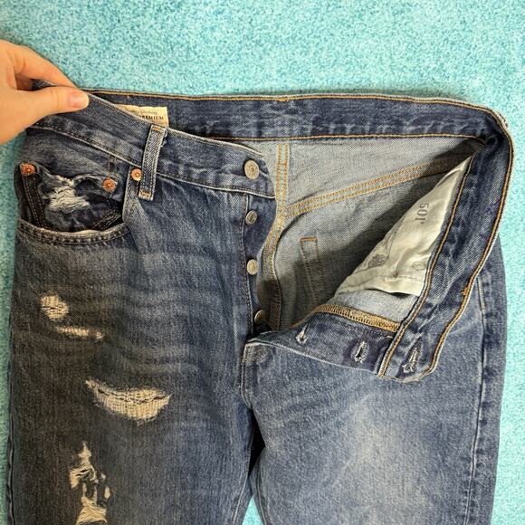 Women's Levi's 501 Premium Button Fly Jeans Distressed 28X32 Blue Fits 30x30.5 - Picture 11 of 16